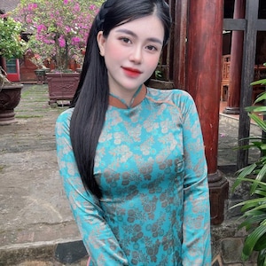 Luxury Ao Dai: Tam Thai Tuan Silk, Blue & Orange Vietnamese Dress (No Pants)
