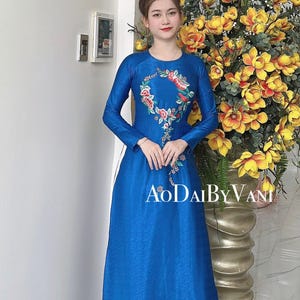 Ao Dai Lua Van Go Blue color/Traditional Long dresses / Vietnamese Ao Dai for Women/ High quality Ao dai Vietnam/ No pants included/ TT90