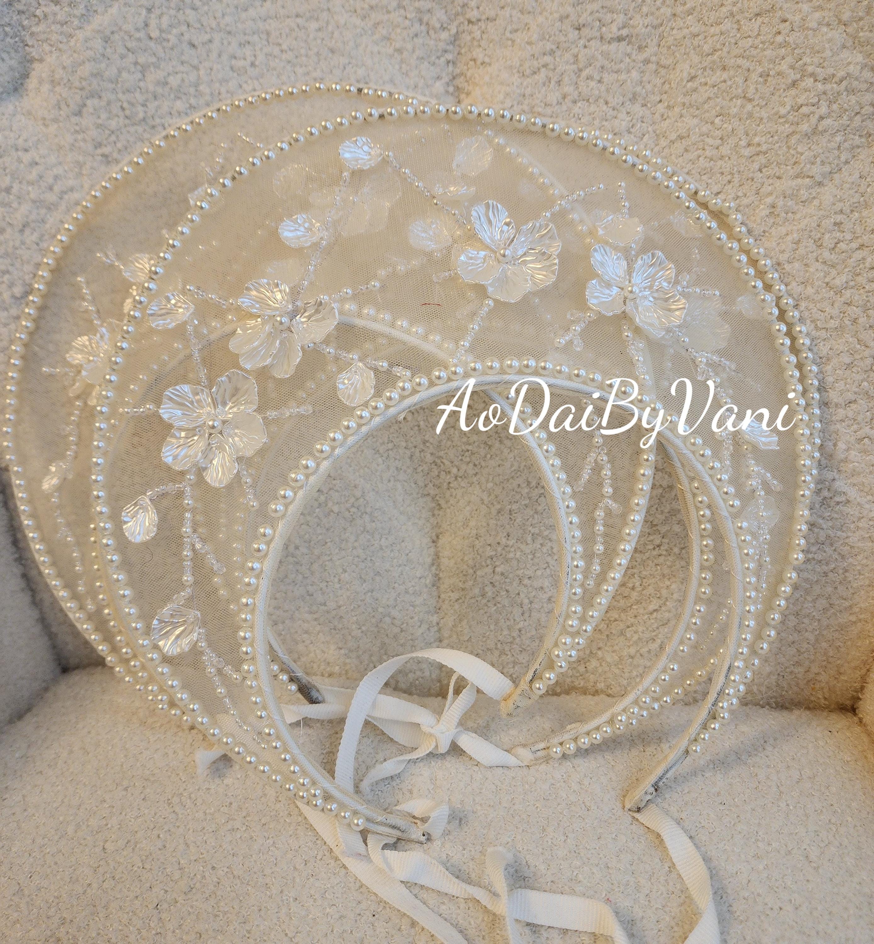 Cream Silk Vietnamese Bride Headpiece: Floral Ao Dai 