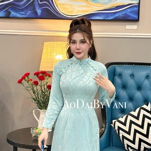 Ao Dai Lua Thai Tuan Blue / Ao Dai Design with Flowers Print/ Traditional Long dresses Vietnamese / No pants included/ TT101