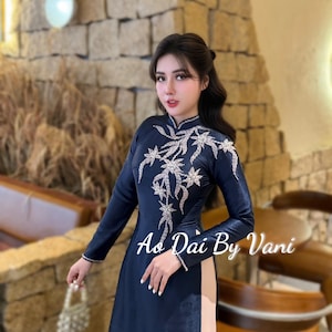 Set Ao Dai Lua Van Go Teal Color /Ao Dai Design with Crystal/Ao Dai For Women/Traditional Long dresses Vietnamese /Pink pants included/ B245
