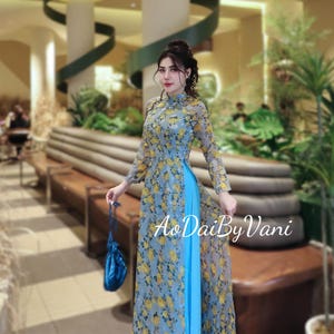Set Ao Dai Tơ Blue Color/Traditional dresses Vietnamese/Pre made Vietnamese long dress/Ao Dai Hoa Nhi/ Ao Dai Viet/Blue Pants included/CT226
