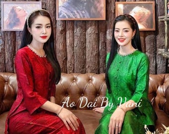 Ao Ba Ba Set: Modern Vietnamese Phap Phuc with Pants/(2 Colors) Red and Green Color/ Tam Ong Tho Doi/G358