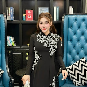 Set Ao Dai Chiffon Double Layers Design with Crystal/Black Color Ao Dai For Her/Traditional dresses Vietnamese Ao Dai/ Pants included/ TK40