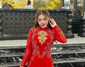 Red Chiffon Ao Dai Dress For Bride Crystal Detail with Long Train/ Wedding Attire/ Set Ao Dai Cuoi  With red Pants/ G366