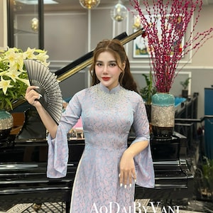 Ao Dai Lua Thai Tuan Light Blue color/ Ao Dai Design with Crystal/Traditional Long dresses Vietnamese/Ao Dai VietNam/No pant included/ TT103