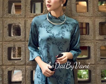 Set Ao Dai Cach TanNavy Blue Color/Ao Dai Cach Tan /Ao Dai For Tet 2025/ Embroidered Flowers Design Ao Dai/Black Pants included/ TT303