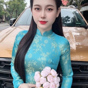 Ao Dai Lụa To Tam Van Nam Blue Color/Elegant Traditional dresses Vietnamese Ao Dai/Ao Dai Viet Nam/Ao Dai For Women/No Pants include/TT75