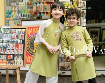 Avocado Ao Dai for Boys and Girls: Floral Vietnamese New Year Dress B268