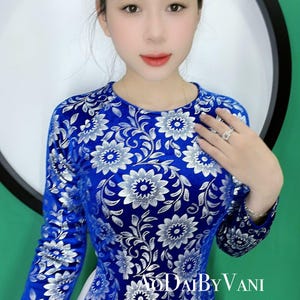 Ao Dai Lua Mango Cao Cap Blue color/ Ao Dai Design with Crystal/Traditional Long dresses Vietnamese /Ao Dai For Her/No pants included/ TT115