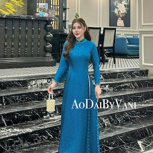 Ao Dai Lua Tơ Tằm Hà Đông Blue color/ Ao Dai Design with Crystal/ Traditional Long dresses Vietnamese / No pants included/ B12