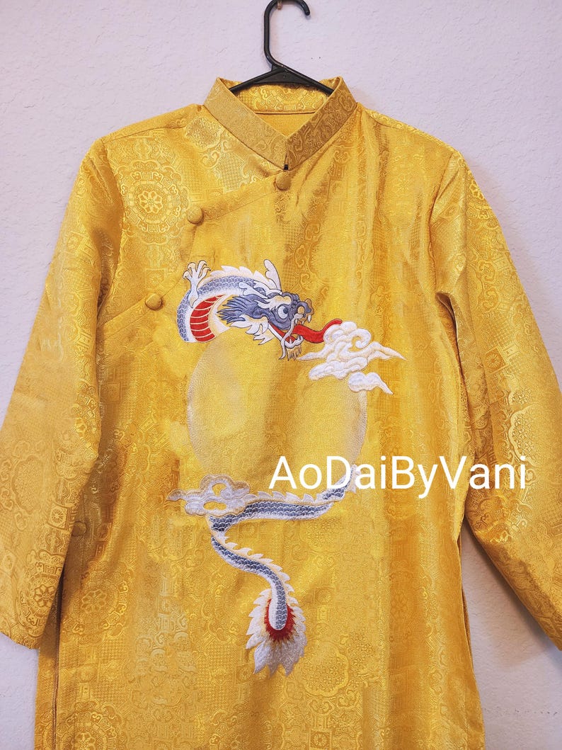 Men's ao dai in Champaigne color with Dragon design - Vietnamese national clothing.