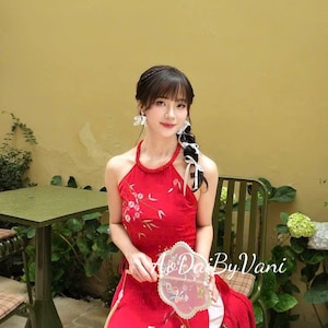 Modern Sleeveless Ao Dai: Embroidered Flower Vietnamese Dress/ CT253 254