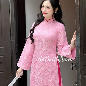 TU MO Set Ao Dai Cach Tan Light Pink Color/Set Ao Dai Cach Tan/Ao Dai For Tet/Flowers Design Ao Dai/Ao Dai VietNam/Pink Pants included/CT294