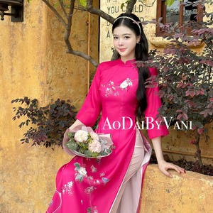 Hot Pink Sparkle Ao Dai Set: Modern Vietnamese Dress with Pants B288