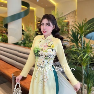 TU HUONG Set Ao Dai Thai Tuan Design with 4D flower/Pre -made Traditional dresses Vietnamese Ao Dai/Women long dress/Blue Pants include/G335