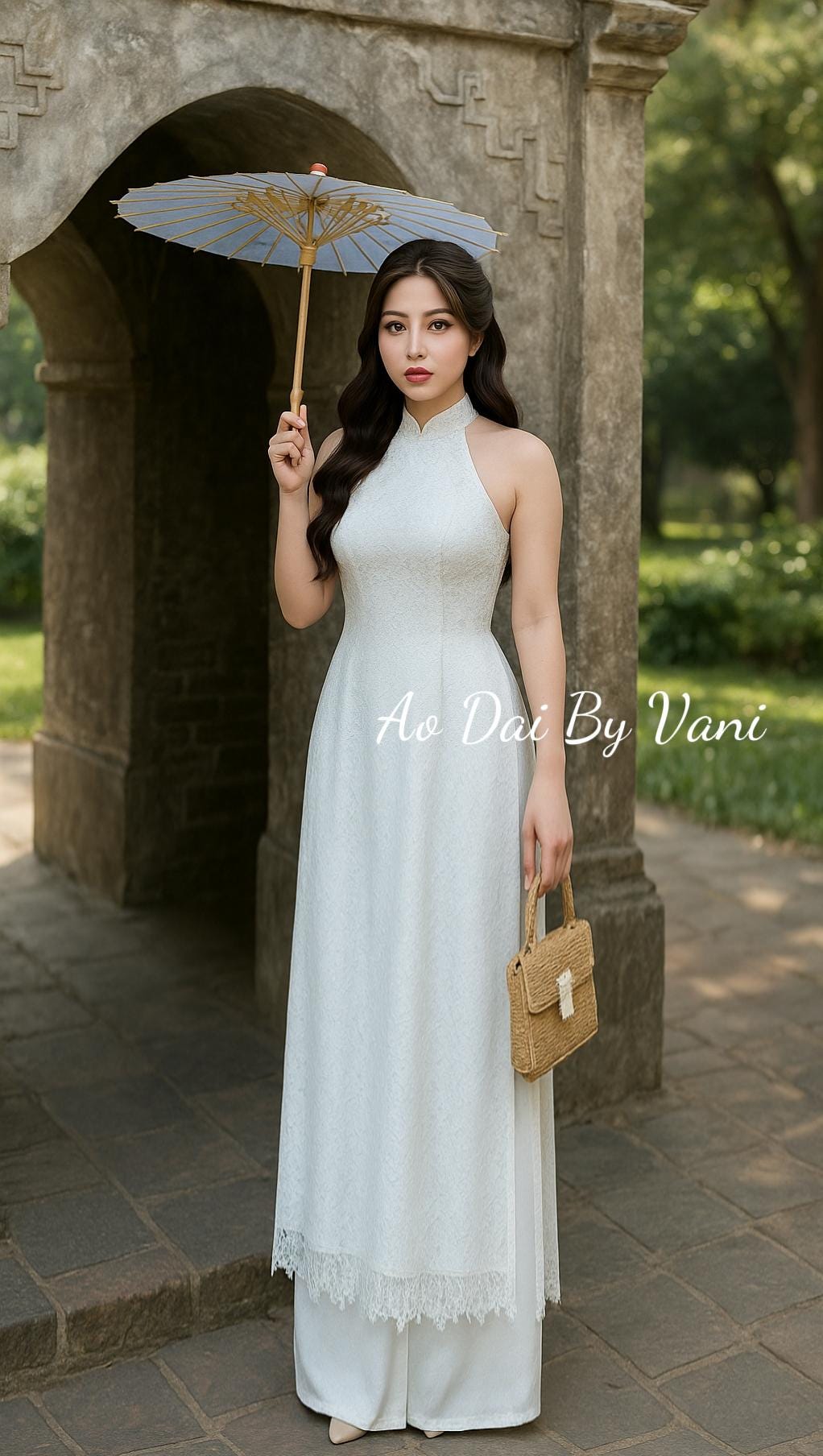 White Lace Ao Dai Set: Vietnamese Traditional Dress / No Pants/ CT242
