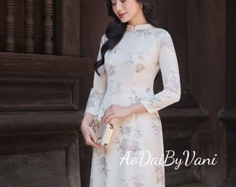 Floral Print Ao Dai Set: Traditional Vietnamese Dress, White Pants TT96