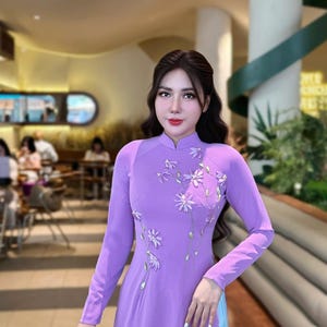 TIM MO Set Ao Dai Lua Thai Tuan Design with flowers/ Pre Made Traditional Long dresses Vietnamese /Ao Dai For Her/Blue  pants included/ DS46