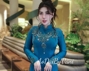 Crystal Navy Ao Dai: Vietnamese Traditional Dress with Pants DS34