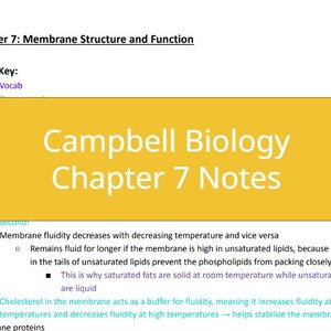 May include: A yellow and white handout with the text "Campbell Biology Chapter 7 Notes" in a yellow box. The handout discusses membrane structure and function, including membrane fluidity and the role of cholesterol.