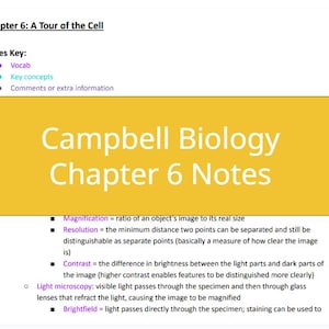Könnte beinhalten: Eine gelbe und weiße Titelkarte für Campbell Biologie Kapitel 6 Notizen. Die Titelkarte hat einen schwarzen Rand und der Text "Campbell Biologie Kapitel 6 Notizen" ist in weißer Schrift. Der Notizschlüssel ist unter der Titelkarte mit den folgenden Informationen aufgeführt: Vokabeln, Schlüsselkonzepte, Kommentare oder zusätzliche Informationen. Die Notizen beinhalten Definitionen für Vergrößerung, Auflösung und Kontrast. Die Notizen beinhalten auch Informationen über Lichtmikroskopie und Hellfeld.