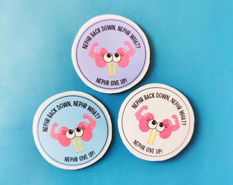 Kidney Sticker | Never Back Down Never What? Nephr Give Up! | Organ Donor, Medical Humor, Disease Awareness | Vinyl Sticker