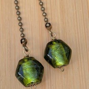 Vintage Peridot Green Glass Fan Pulls, Antique Brass Chain, Mid Century Modern