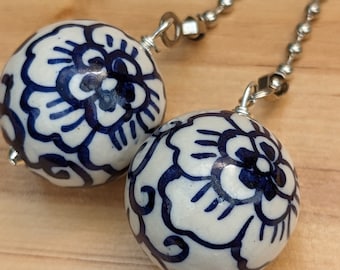Blue and White Floral Pottery Ceiling Fan Pulls, Hand Painted Pair, Silver Pull Chains