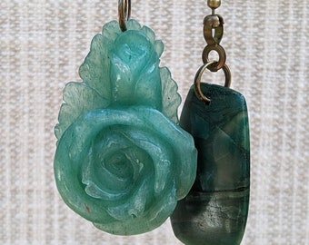 Carved Rose Chain Pull, Matched Stone Fan Pulls, Nature Inside, Green Color Mix