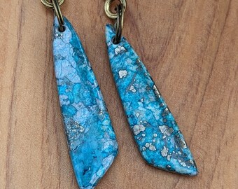 Stone Chain Pull, Aqua + Teal Light and Fan Pull Set, Triangular Brass Chain Pulls