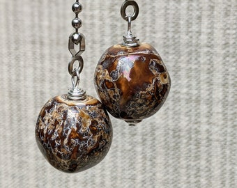 Brown & Silver Shimmer Pottery Ceiling Fan Pulls, Round Ceramic Pull Chains