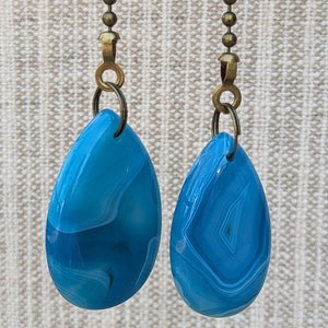 Pair of Bright Blue Fan Pulls, Decorative Fan Pull Chain, Banded Agate Ceiling Fan Pulls, Chain Pulls image 2