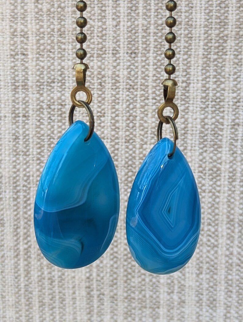 Pair of Bright Blue Fan Pulls, Decorative Fan Pull Chain, Banded Agate Ceiling Fan Pulls, Chain Pulls image 2