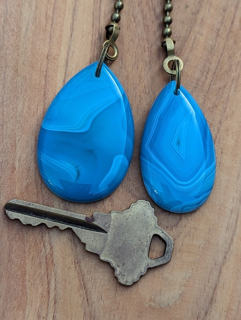 Pair of Bright Blue Fan Pulls, Decorative Fan Pull Chain, Banded Agate Ceiling Fan Pulls, Chain Pulls image 7
