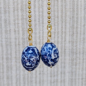 Blue & White Pottery Ceiling Fan Pulls, Classic Asian Design, Bronze Silver Gold Choice