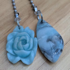 Carved Stone Peony Fan + Light Pull, Robin&#39;s Egg Blue Chain Pull Set, Ceiling Fan Pulls, Silver Chain Pulls