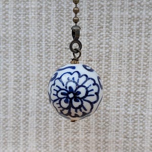 Antique Brass Chain Pull, Floral Decor, Blue + White Pottery Ceiling Fan Pull, Fan or Light Pull Chain