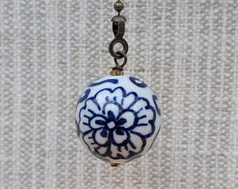 Antique Brass Chain Pull, Floral Decor, Blue + White Pottery Ceiling Fan Pull, Fan or Light Pull Chain