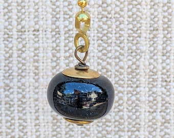Shimmer Blue Art Glass Chain Pull: House Unique, Gold Fan or Lamp Pull