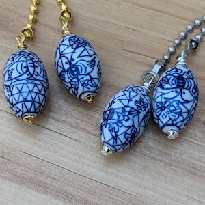 Blue + White Pottery Ceiling Fan Pulls, Gold or Silver Chain Pulls, Feng Shui Fan Pull Chains, Ceramic Décor