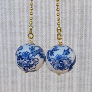 Blue and White Floral Pottery Ceiling Fan Pulls, Hand Painted Pair, Gold Pull Chains