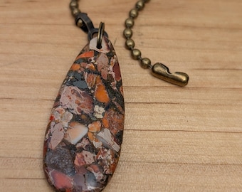Stone Chain Pull, Jasper Single Light or Fan Pull, Tan Rust Aqua Chain Pull, Burnt Orange Decor