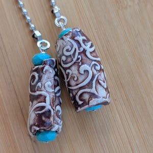 Pottery & Turquoise Ceiling Fan Pulls, Scrollwork Pattern, Light/Fan Dangles