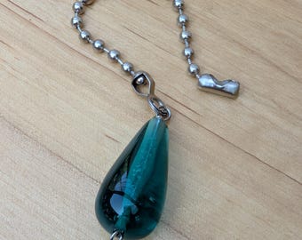 Teal Shimmer Chain Pull, Single Light or Fan Pull, Silver Gold or Brass Teardrop Chain Pull