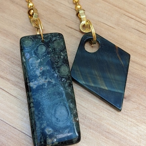 Stone Ceiling Fan Pull Set,  Blue Tiger&#39;s Eye + Jasper Fan Pull Chain, Stone + Gold Ball Chain, Rock Fan Pulls Chains