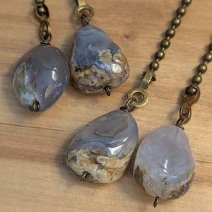 Tan + Blue Home Décor, Ceiling Fan Pulls, Silver or Brass Option, Lace Agate Pulls, Fan Ball Chain Pulls