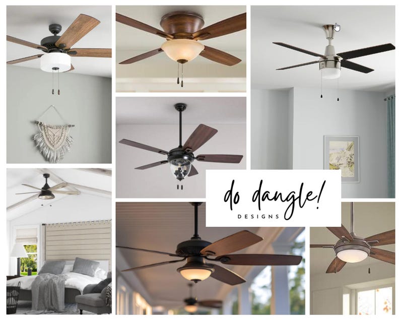 May include: A collage of various ceiling fans featuring different blade finishes, light fixtures, and pull chains. The central graphic displays the text 'do dangle! DESIGNS' in a black script and sans-serif font against a white background.