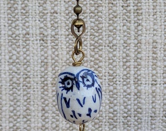 Hand Painted Owl Ceramic Fan Pull: Antique Brass Chain Pull, Blue White Bird Decor