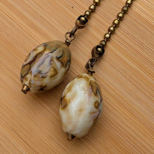 Raku Pottery Fan Pulls: Warm Beige & Tan Neutrals, Antique Brass Chain Pull Set